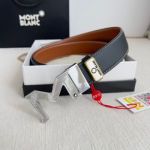 Buy Replica - Montblanc Black Leather Belt with Silver Logo Buckle Hanging Buckle 3.5cm